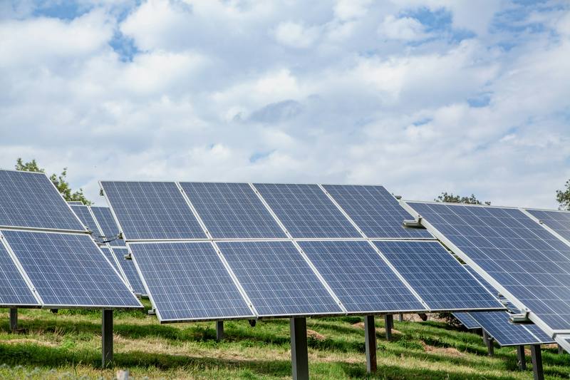 Ground-mounted solar panels on posts in a grassy field